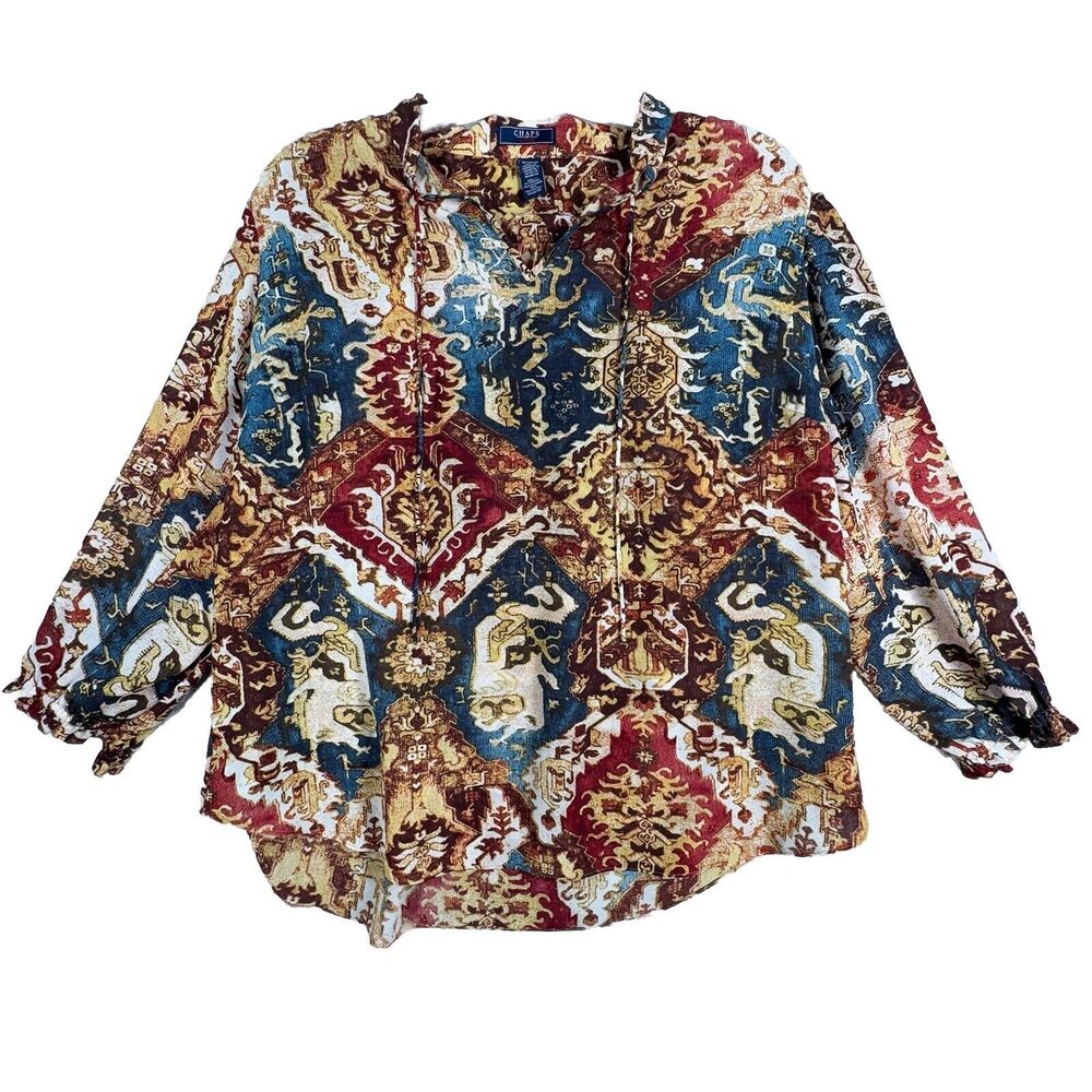 Chaps Shirt Women 1X Red Blue Geometric Button Up Colorful Bohemian Peasant Top‎